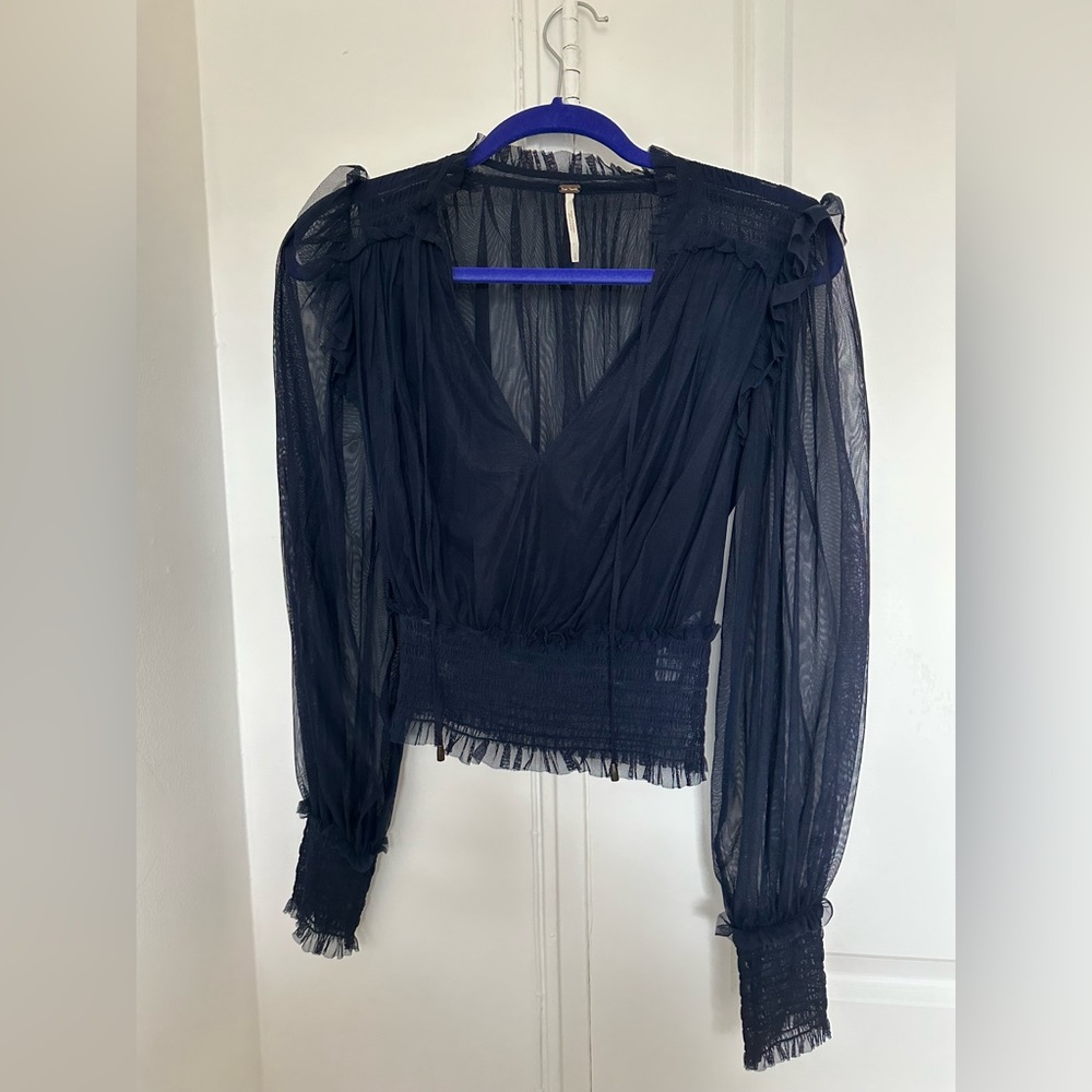 Free People Navy tulle long sleeve